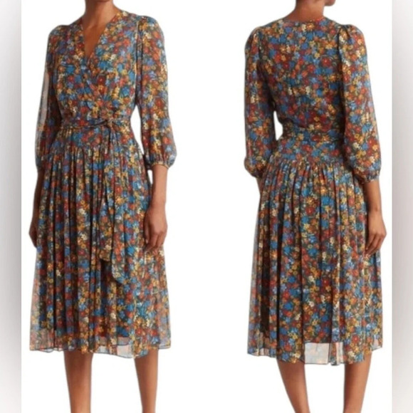 Calvin Klein Dresses & Skirts - Surplice Neck Three-Quarter Sleeve Floral Print Faux Wrap Midi Dress Sz 12